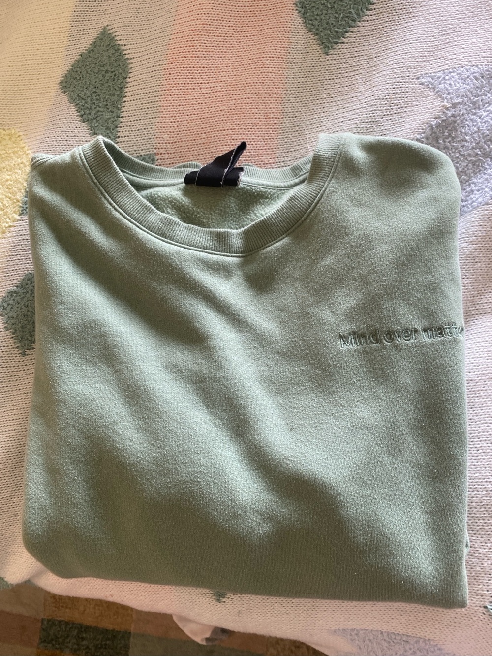 Sage Green Crewneck Sweatshirt with Subtle  “Mind over Matter” Embroidery